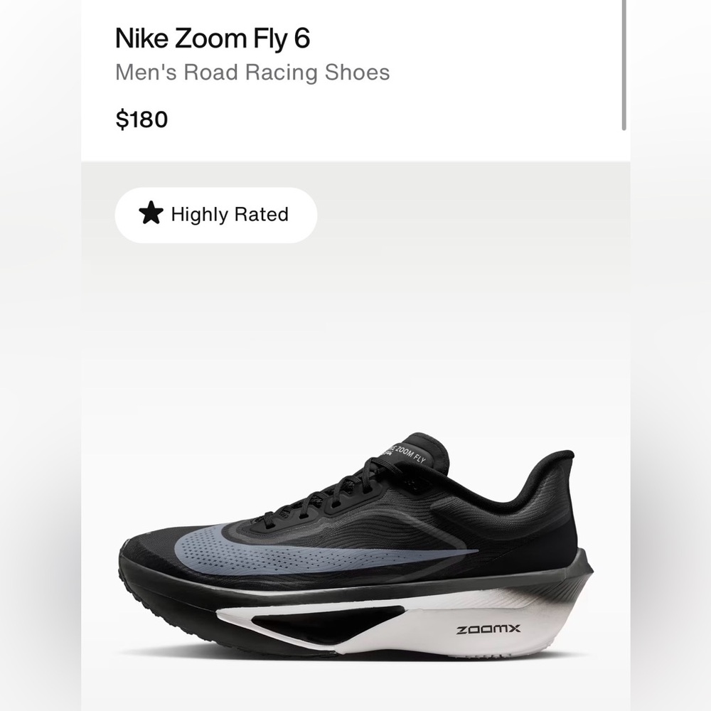 Mens Nike Black and Gray ZoomX ZoomFly 6 Running Shoe
